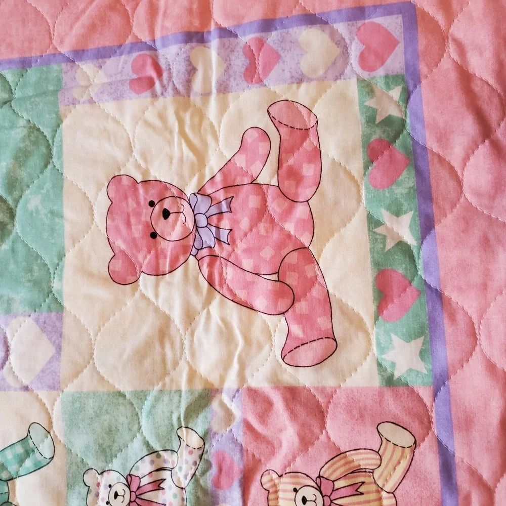 VTG Handmade Baby Quilted‎ Blanket Pastel Bears & Hearts Vintage
